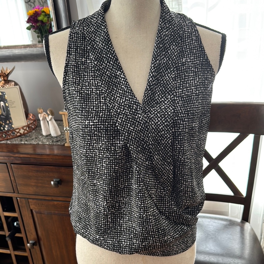 WHBM Black and White Wrap Blouse with V-Neck